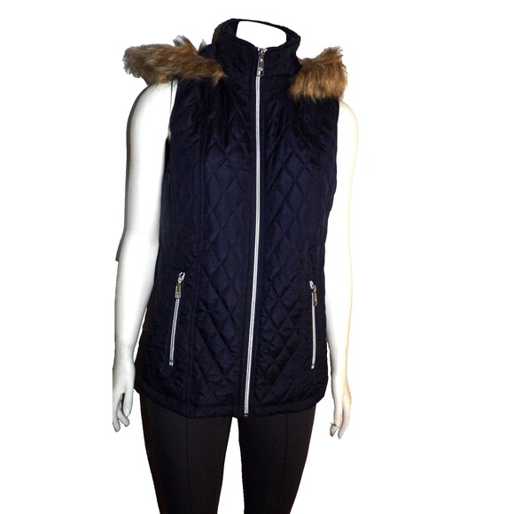 Black Rivet Jackets & Blazers - Black Rivet Navy Blue GIII Puffer Quilted Vest Faux Fur Trimmed Hood Sm Pockets